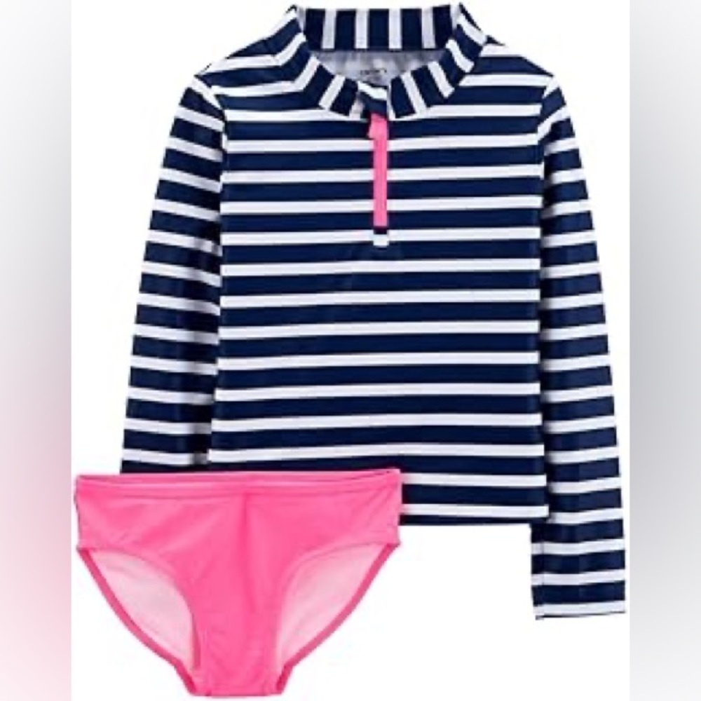 Carter's Girls' 2-Piece Rashguard Swimsuit (Size 10 / Navy Stripe/Pink)